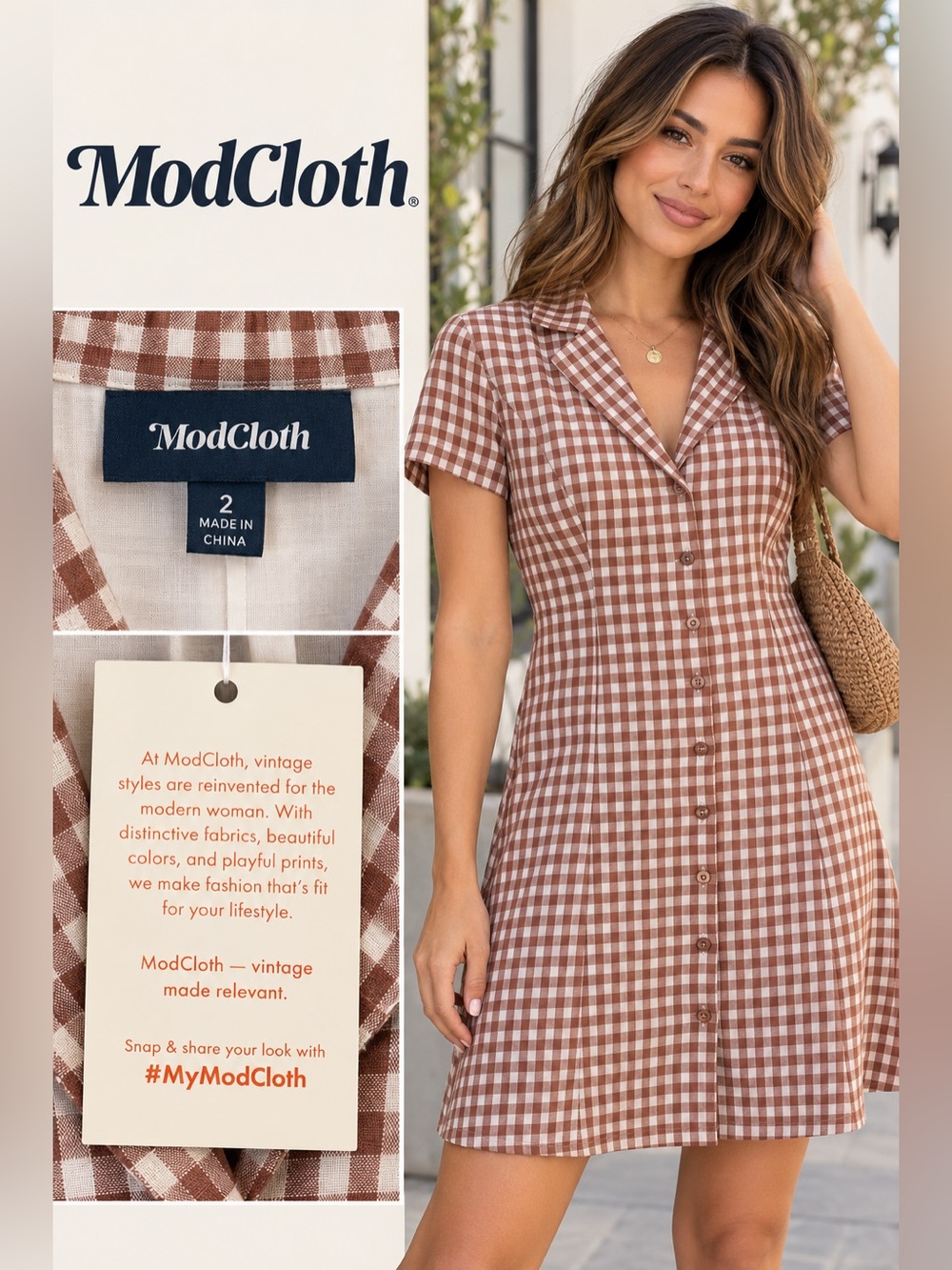 ModCloth Brown & White Gingham Button-Front Mini Dress